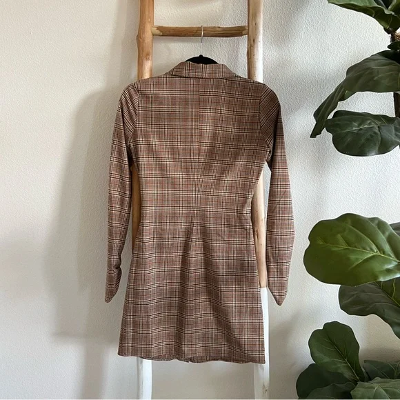 Zara Plaid Brown Terracotta Ruched Mini Button Down Collard Dress NWT - Picture 6 of 6